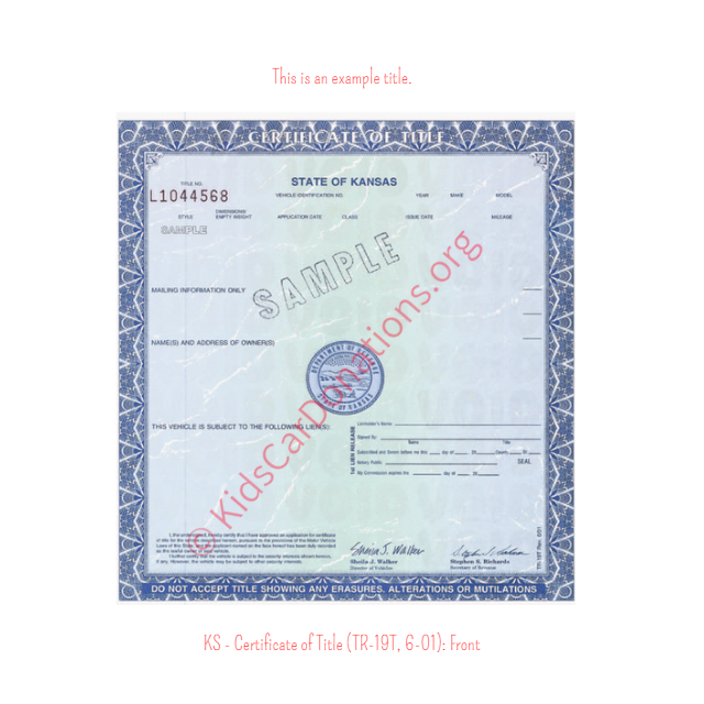 This is an Example of Kansas Certificate of Title (TR-19T, 6-01) Front View | Kids Car Donations